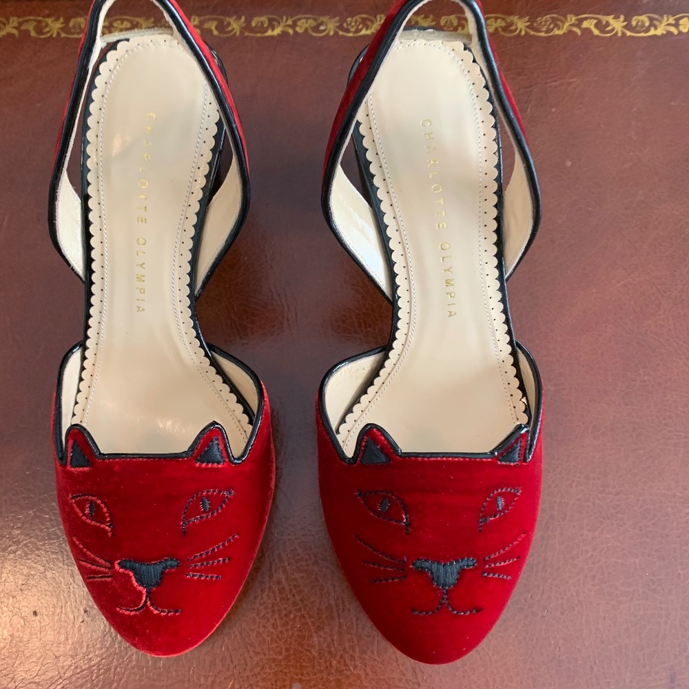 Charlotte Olympia  Red Velvet Kitty Sling Back Shoes, size 39